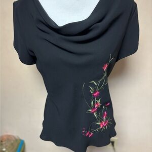 Vintage SL Fashions Black Top with Pink Floral Embroidery, 12, made in USA